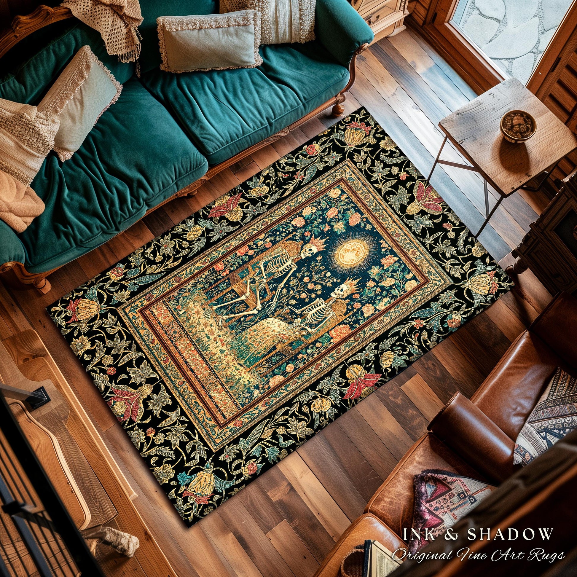 Mystic Garden Skeleton Lovers Rug | Baroque Crowned Couple Gothic Magic Celestial Aesthetic Sunlit Throne Mystical Floral Accent Rug Tarot