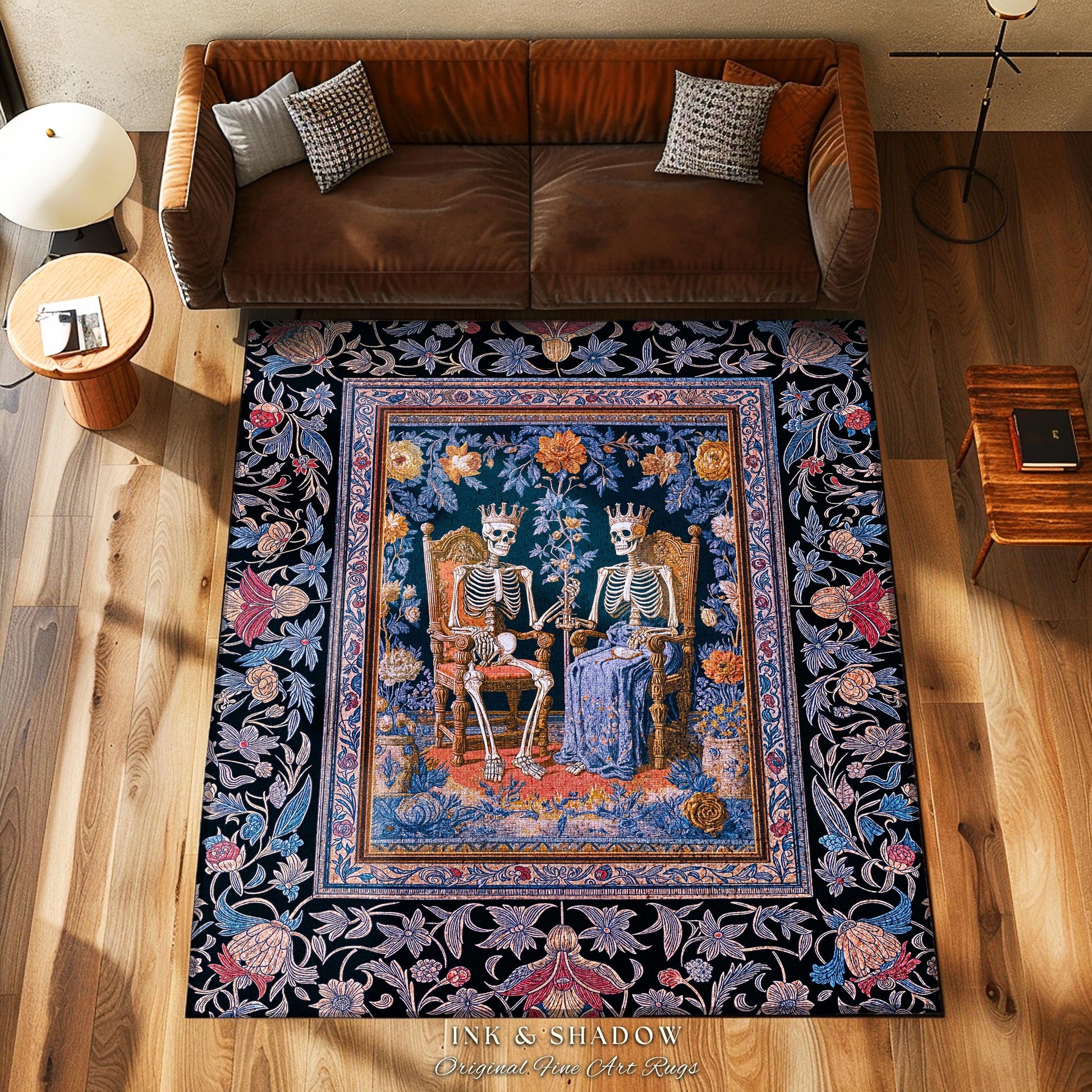 Autumnal Skeleton Lovers Mystic Rug | Baroque Gothic Bedroom Maximalist Floral Fairytale Celestial Couple Whimsical Accent Tarot Aesthetic |