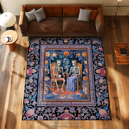 Autumnal Skeleton Lovers Mystic Rug | Baroque Gothic Bedroom Maximalist Floral Fairytale Celestial Couple Whimsical Accent Tarot Aesthetic |