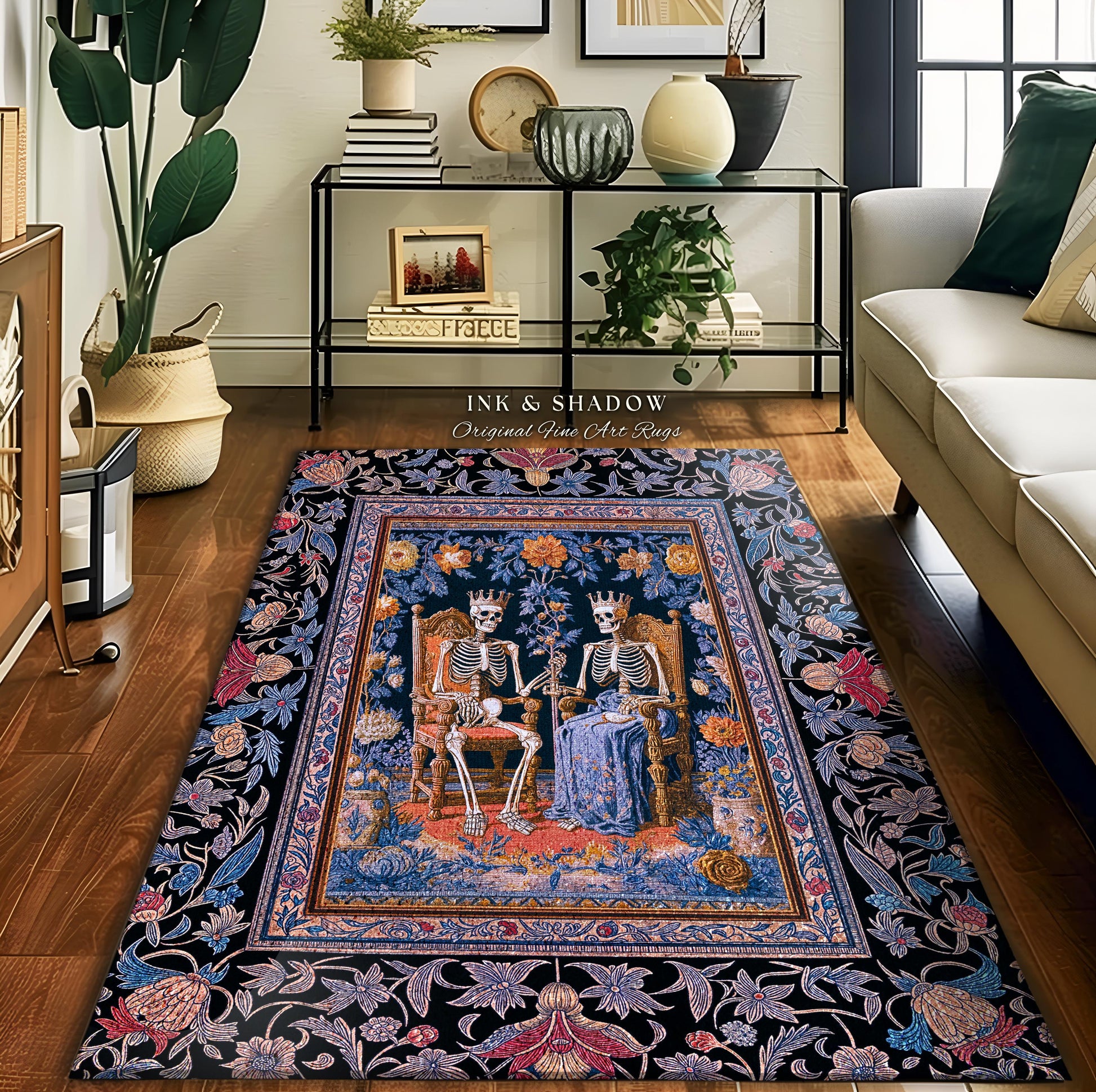 Autumnal Skeleton Lovers Mystic Rug | Baroque Gothic Bedroom Maximalist Floral Fairytale Celestial Couple Whimsical Accent Tarot Aesthetic |