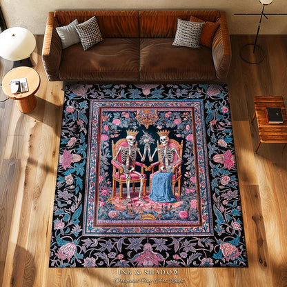 Rose Garden Skeleton Couple Area Rug | Baroque Aesthetic Renaissance Gothic Fairytale Magic Royal Theme Floral Castle Decor Celestial Accent