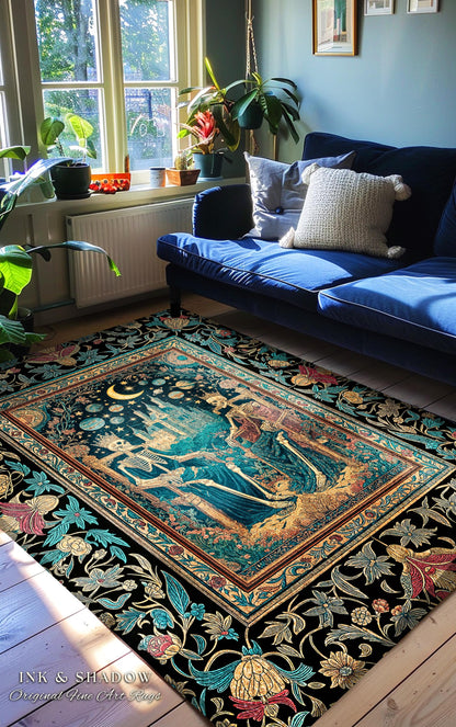 Starlit Skeleton Lovers Celestial Rug | Gothic Castle Whimsigothic Romance Cosmic Sky Baroque Magical King and Queen Bedroom Accent Moonlit