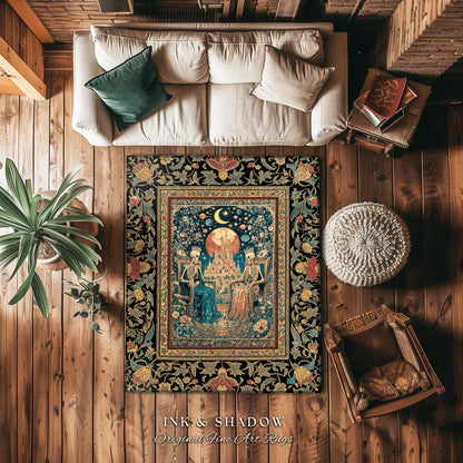 Golden Garden Skeleton Couple Rug | Celestial Gothic Lovers Moonlit Romance Baroque Floral Gothic Fairytale Magic Bedroom Accent Rug Mystic