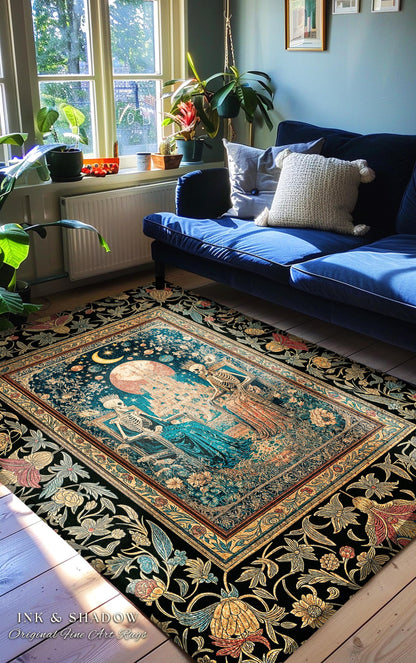 Golden Garden Skeleton Couple Rug | Celestial Gothic Lovers Moonlit Romance Baroque Floral Gothic Fairytale Magic Bedroom Accent Rug Mystic