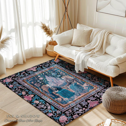 Celestial Skeleton Lovers Gothic Rug | Dark Academia Castle Fantasy Whimsigothic Fairytale Floral Magic Aesthetic Bedroom Pastel Witchy |