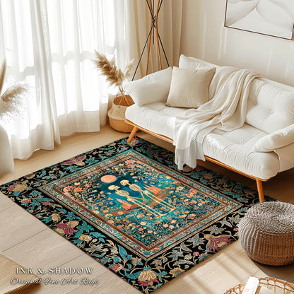 Folk Art Skeleton Lovers Floral Rug | Cottagecore Witchy Aesthetic Moon Fairytale Wildflower Romantic Gothic Castle Fantasy Bedroom Accent |
