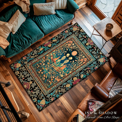 Folk Art Skeleton Lovers Floral Rug | Cottagecore Witchy Aesthetic Moon Fairytale Wildflower Romantic Gothic Castle Fantasy Bedroom Accent |