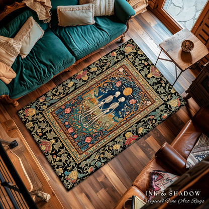 Cute Romantic Skeleton Gothic Rug | Autumnal Florals Dark Academia Fairytale Castle Dark Magic Accent Baroque Cottagecore Lovers Whimsical