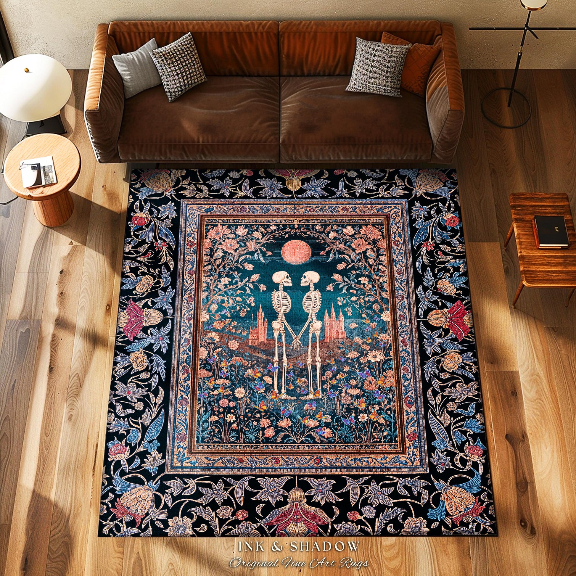 Whimsigoth Botanical Skeleton Rug | Autumn Aesthetic Baroque Bedroom Dark Cottagecore Indie Decor Fantasy Castle Floral Accent Tarot Lovers