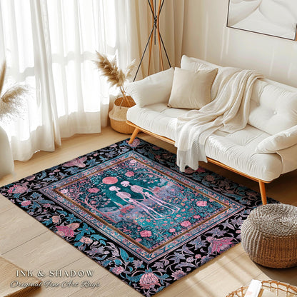 Rosy Royal Haunted Garden Lovers Rug | Whimsigothic Romance Spooky Season Floral Fantasy Dark Academia Baroque Witchy Cottagecore Aesthetic
