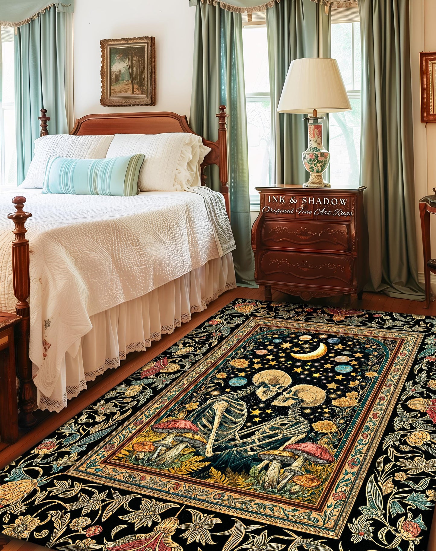 Astral Lovers Gothic Area Rug | Skeleton Lovers 'Til Death Do Us Part Couple Baroque Floral Mystic Accent Cozy Witchy Maximalist Decor |