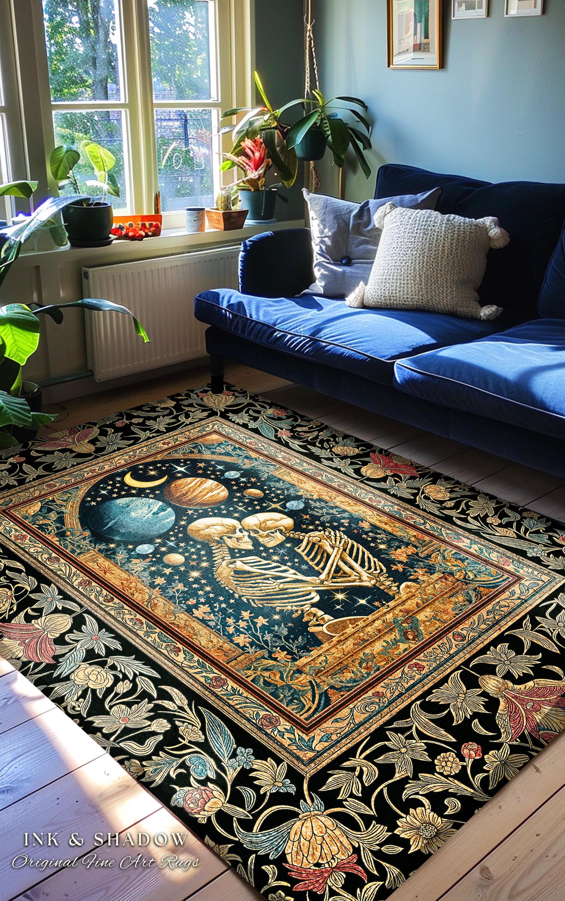 Skeleton Embrace Cosmic Accent Rug | Celestial Fantasy Bedroom Decor Baroque-Inspired Gothic Mystic Enchanted Macabre Couple Romance Cosmic
