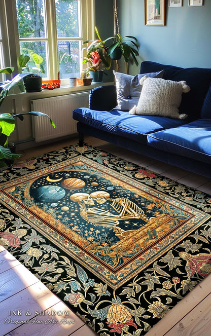 Skeleton Embrace Cosmic Accent Rug | Celestial Fantasy Bedroom Decor Baroque-Inspired Gothic Mystic Enchanted Macabre Couple Romance Cosmic