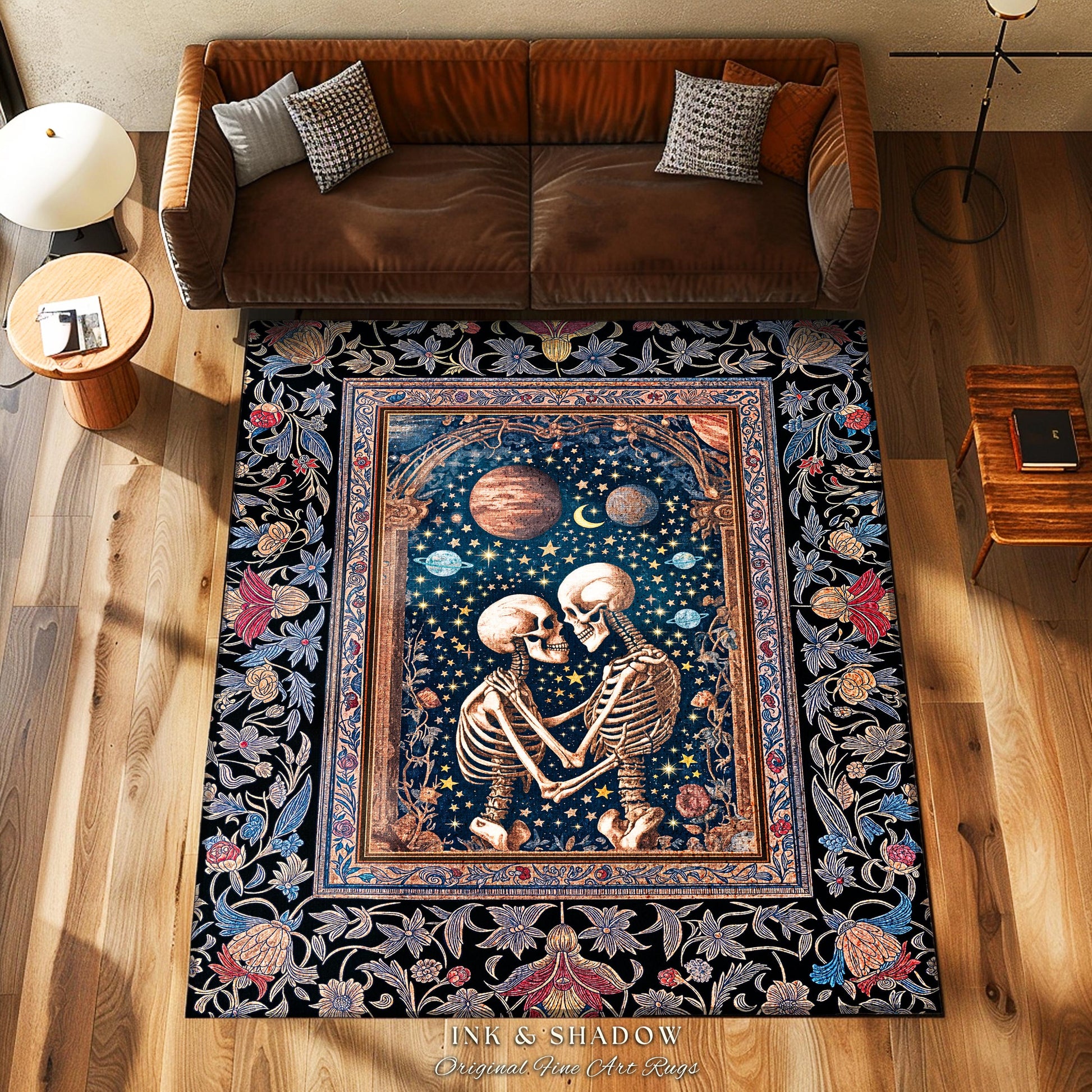 Moody Starlit Skeleton Lovers Area Rug | Starry Celestial Macabre Gothic Fantasy Romantic Sky Bedroom Accent Mystic Twilight Tarot Aesthetic