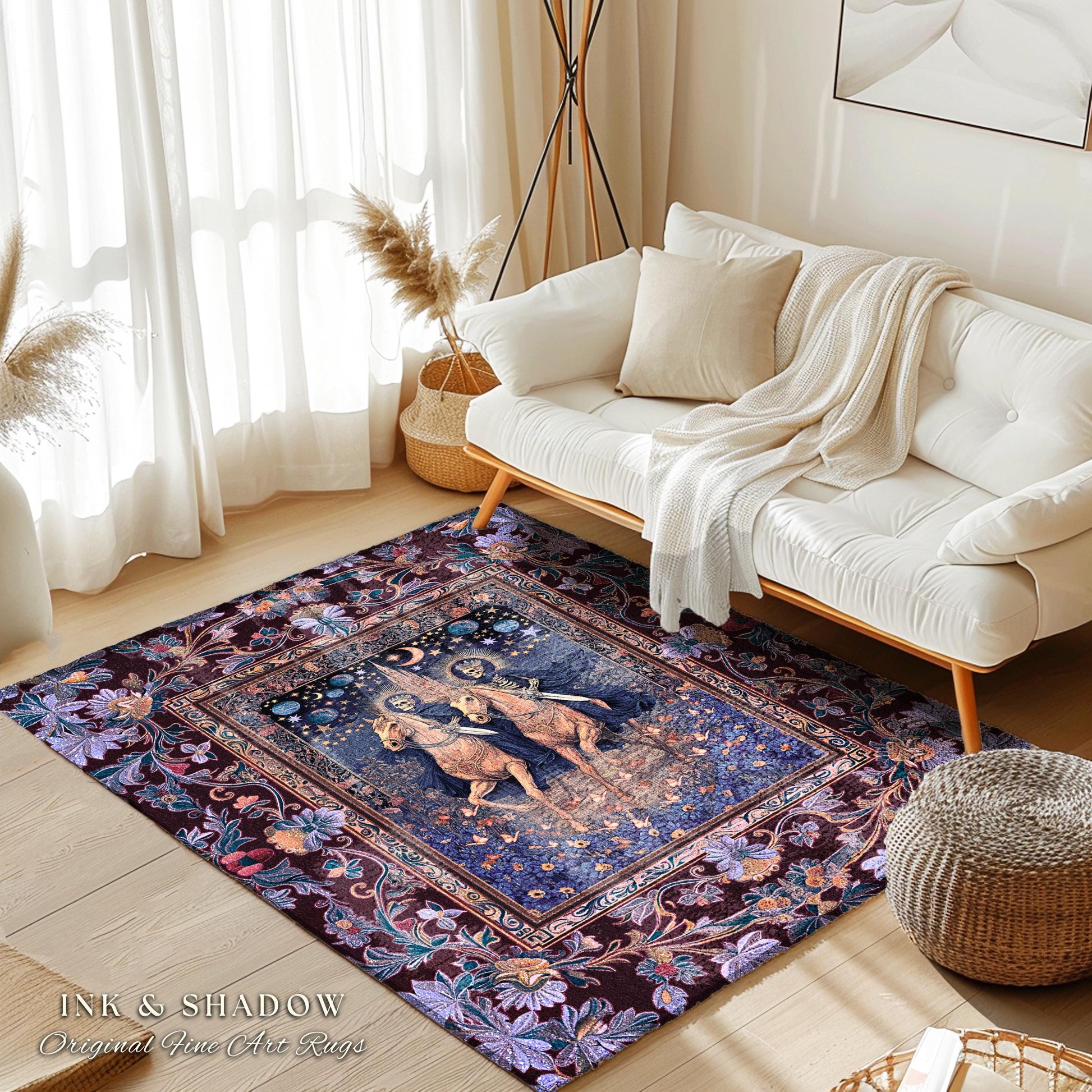 Victorian Gothic Pastel Skeletons Area Rug | Dark Academia Gothic Lavender Purple Castle Fantasy Bedroom Accent Ethereal Horsemen Haunted |