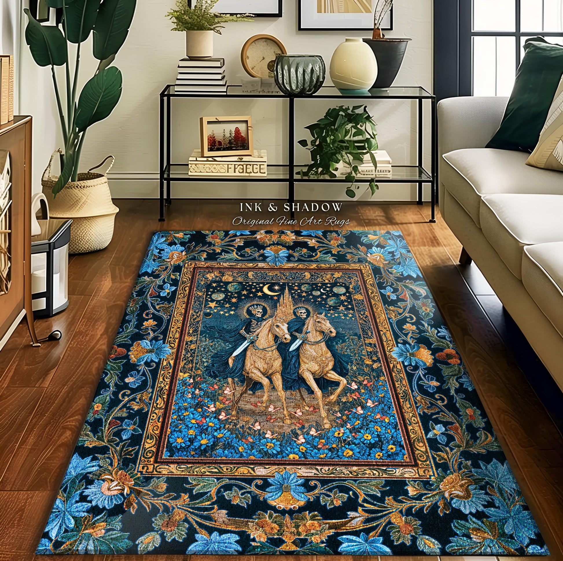 Baroque Ornate Skeleton Horsemen Area Rug | Dark Mystic Castle Whimsigothic Fantasy Bedroom Accent Spooky Couple Haunted Aesthetic Moody |