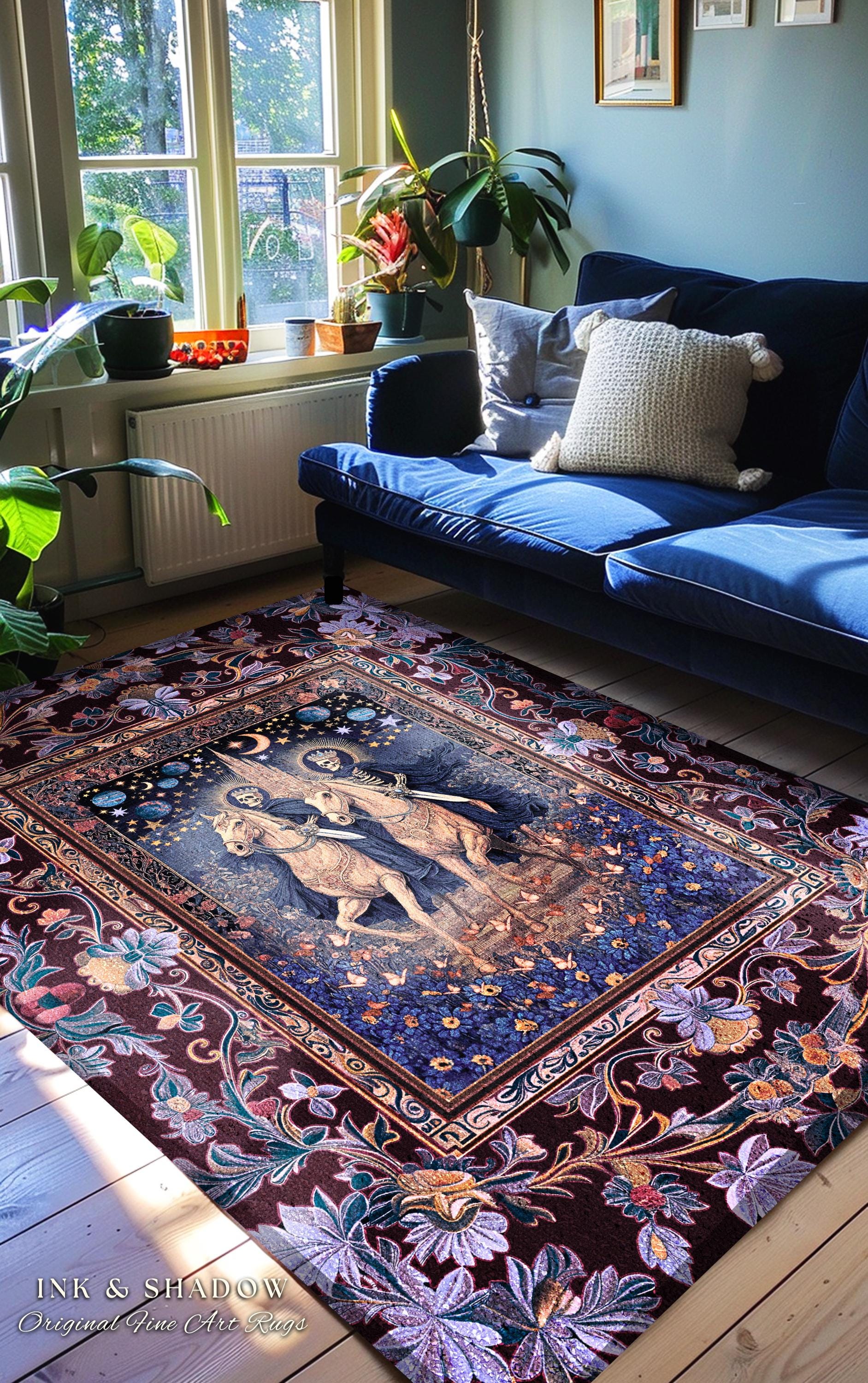 Victorian Gothic Pastel Skeletons Area Rug | Dark Academia Gothic Lavender Purple Castle Fantasy Bedroom Accent Ethereal Horsemen Haunted |