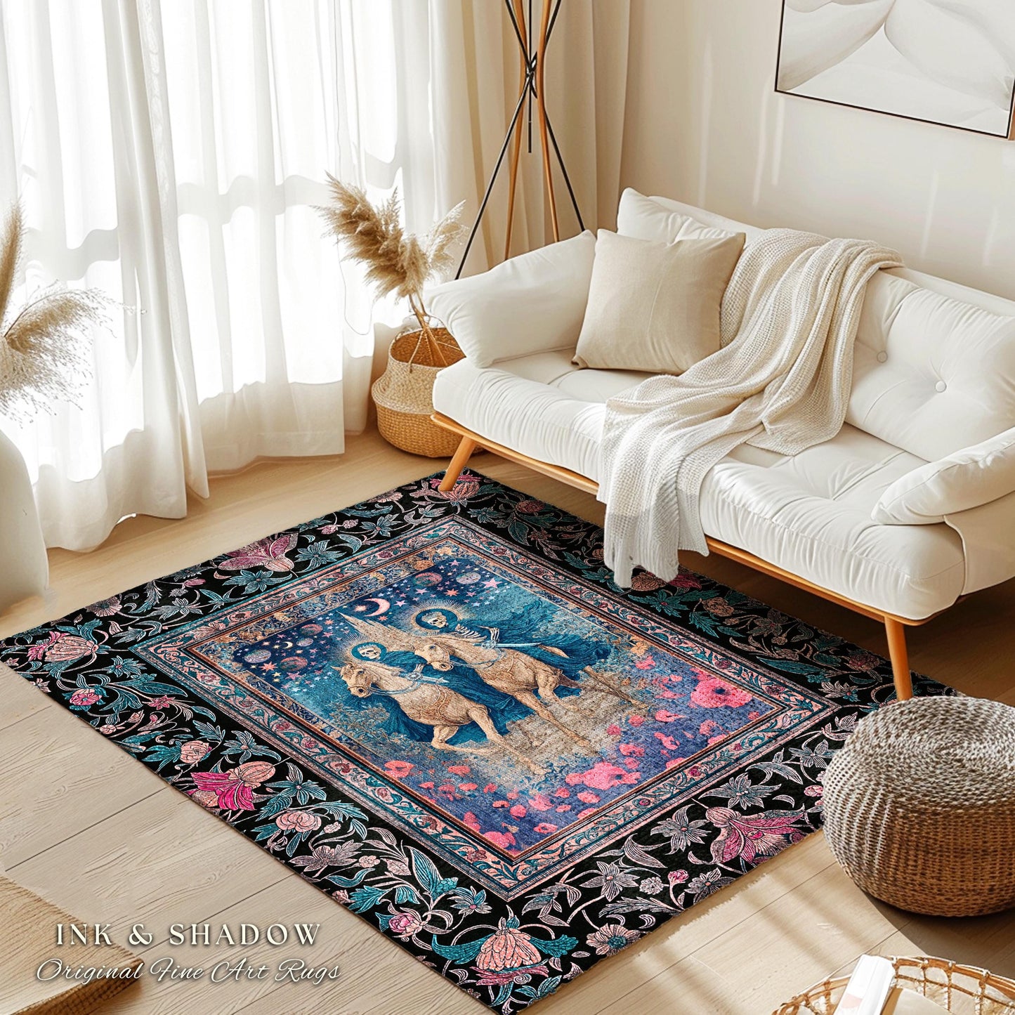 Poppy Field Skeleton Couple Area Rug | Floral Baroque Castle Aesthetic Celestial Horsemen Gothic Lovers Fantasy Bedroom Accent Mystic Decor