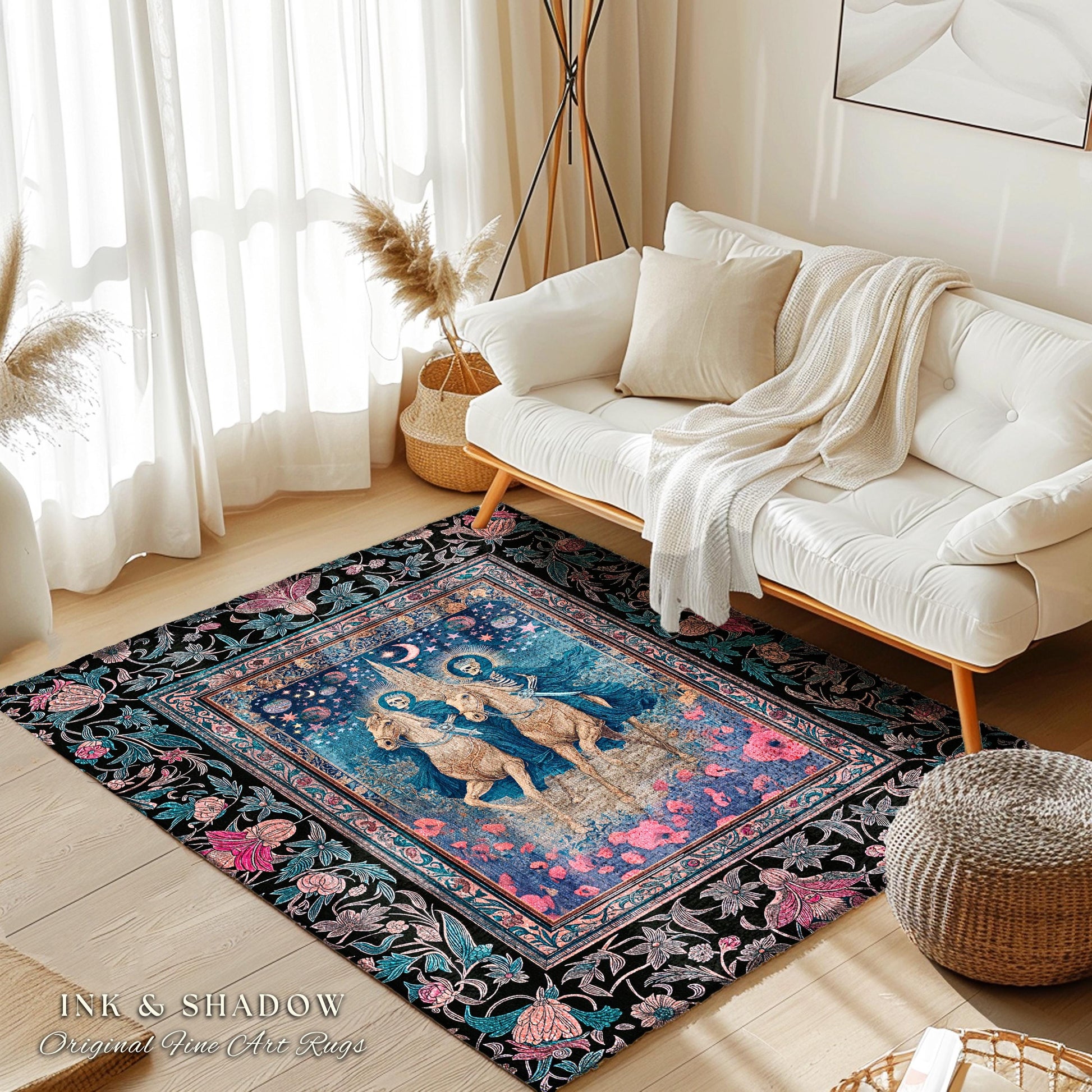 Poppy Field Skeleton Couple Area Rug | Floral Baroque Castle Aesthetic Celestial Horsemen Gothic Lovers Fantasy Bedroom Accent Mystic Decor