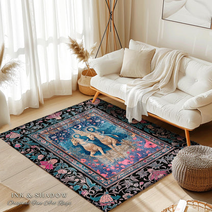 Poppy Field Skeleton Couple Area Rug | Floral Baroque Castle Aesthetic Celestial Horsemen Gothic Lovers Fantasy Bedroom Accent Mystic Decor