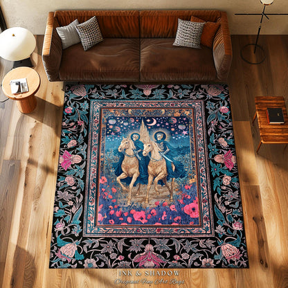 Poppy Field Skeleton Couple Area Rug | Floral Baroque Castle Aesthetic Celestial Horsemen Gothic Lovers Fantasy Bedroom Accent Mystic Decor