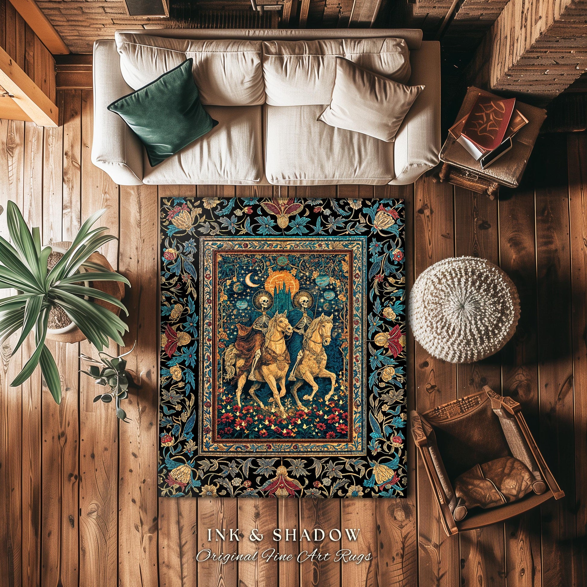 Golden Starlight Skeleton Accent Rug | Baroque Gothic Garden Castle Scene Celestial Horsemen Dreamy Floral Fantasy Macabre Couple Home Decor
