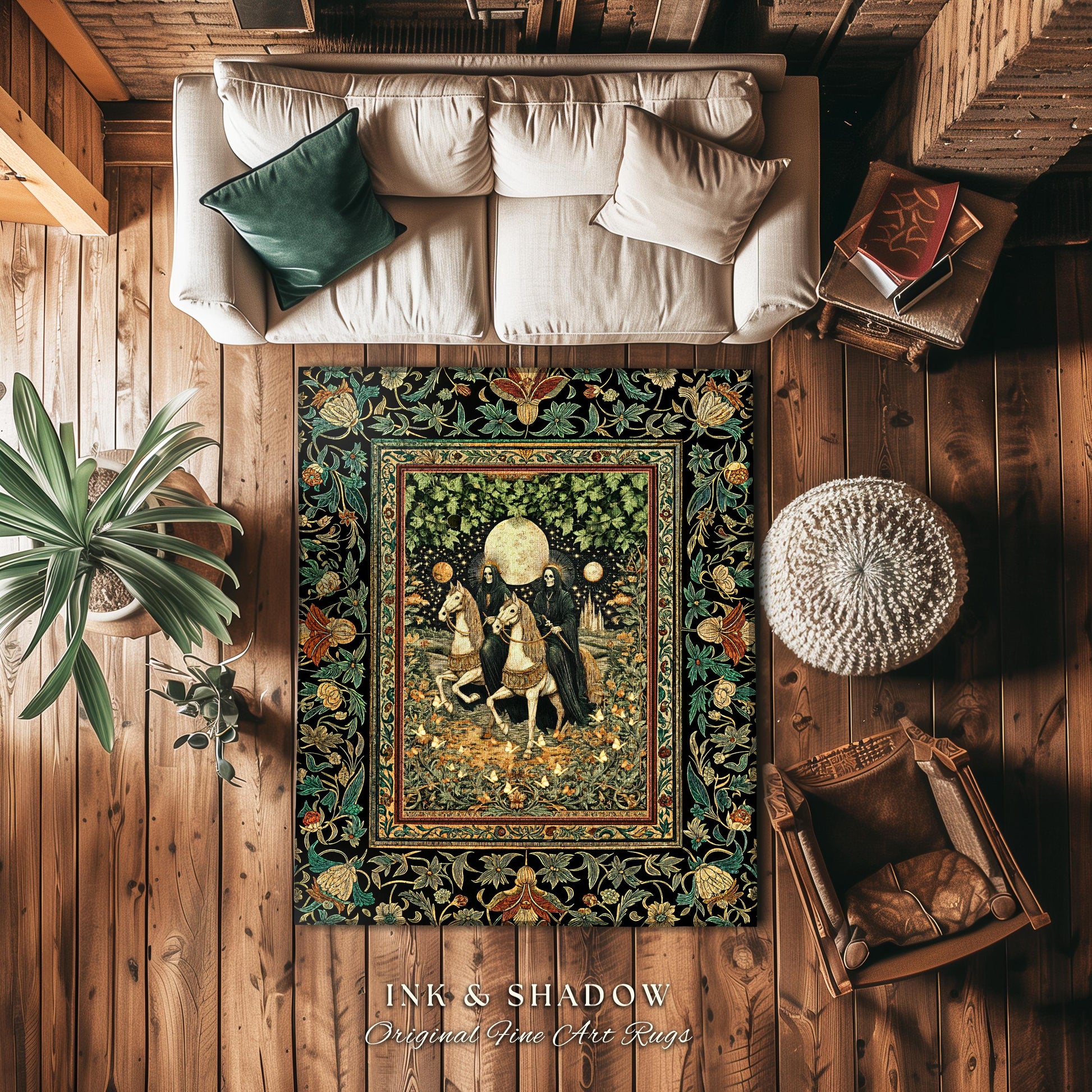 Haunted Ivy Gothic Skeleton Rug | Moonlit Horsemen Baroque Dark Academia Fantasy Aesthetic Celestial Lovers Macabre Dark Fairytale Decor |