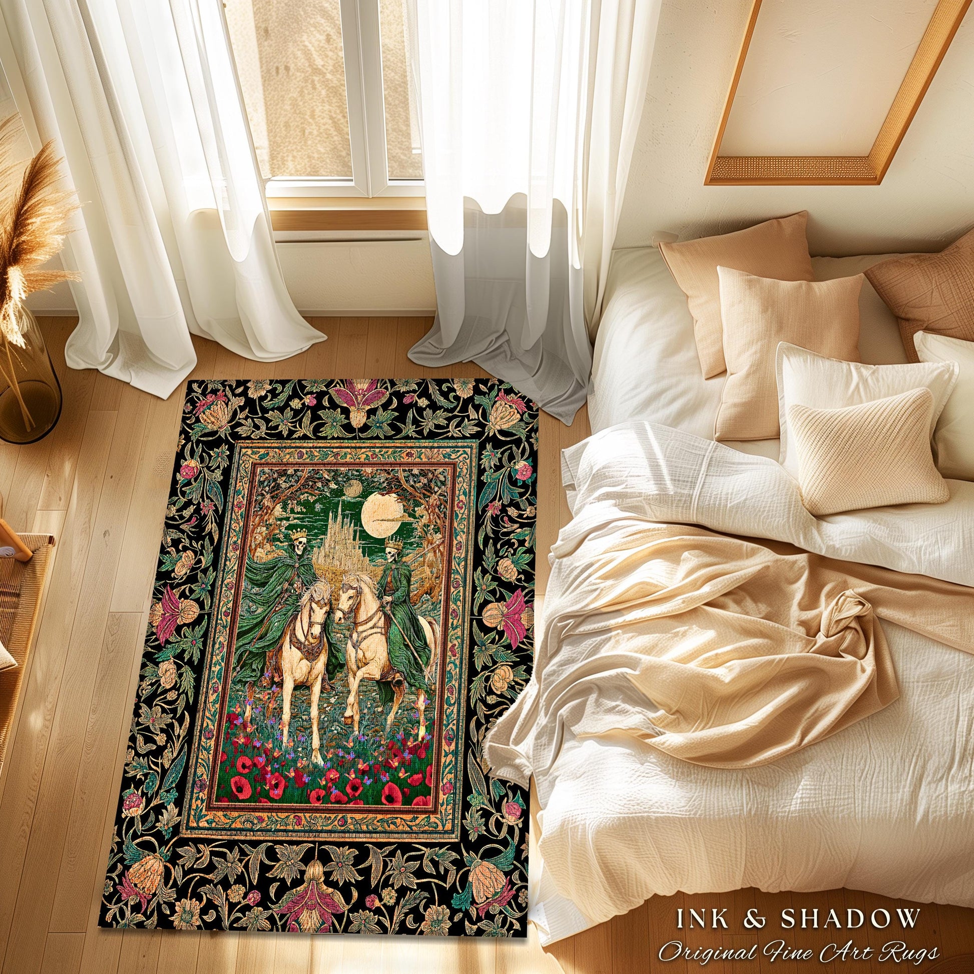 Skeleton King & Queen Floral Forest Rug | Royal Lovers Gothic Couple Baroque Fantasy Garden Macabre Accent Bedroom Decor Castlecore Design |