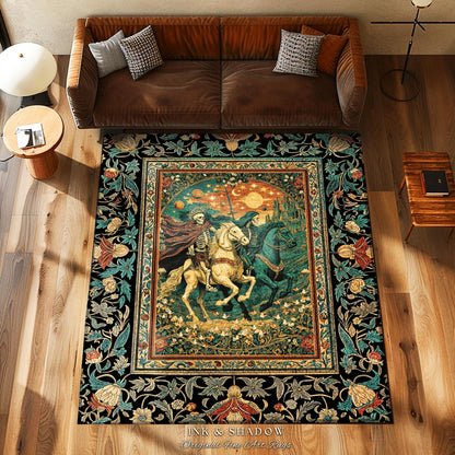 Fantasy Aesthetic Skeleton Riders Rug | Haunted Horsemen Royal Celestial Golden Maximalist Baroque Macabre Bedroom Accent Whimsigothic Dorm