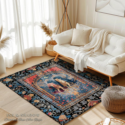 Rose Archway Horseback Skeletons Area Rug | Celestial Moonlit Gothic Romance Moonlight Baroque Floral Couple Regal Bedroom Accent Whimsical