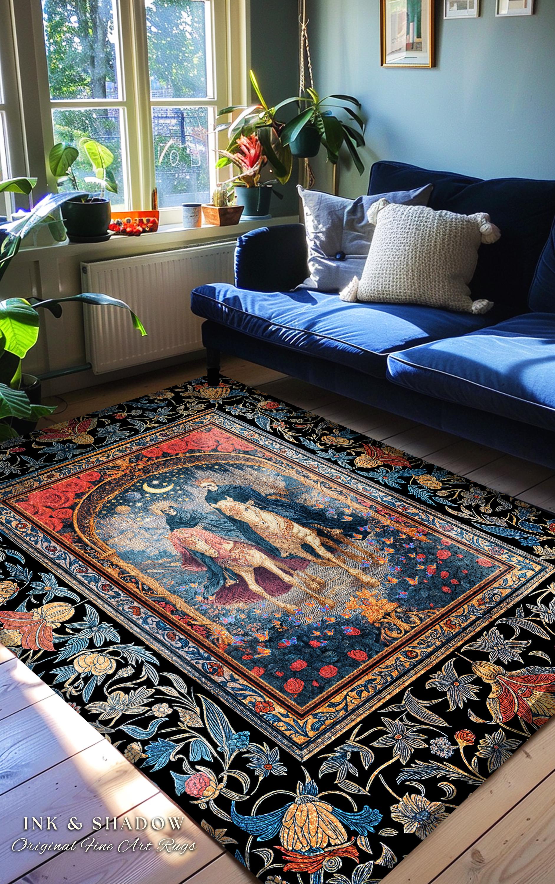 Rose Archway Horseback Skeletons Area Rug | Celestial Moonlit Gothic Romance Moonlight Baroque Floral Couple Regal Bedroom Accent Whimsical