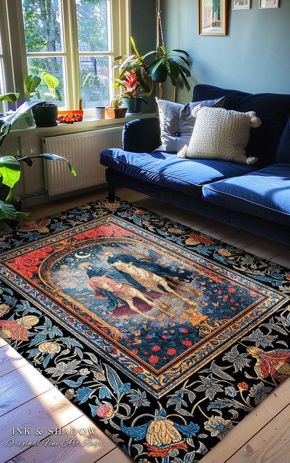 Rose Archway Horseback Skeletons Area Rug | Celestial Moonlit Gothic Romance Moonlight Baroque Floral Couple Regal Bedroom Accent Whimsical