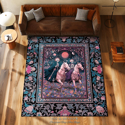 Dreamy Gothic Pastel Skeleton Rug | Celestial Horseman Baroque Fairytale Fantasy Whimsical Macabre Floral Bedroom Accent Mystic Home Decor |