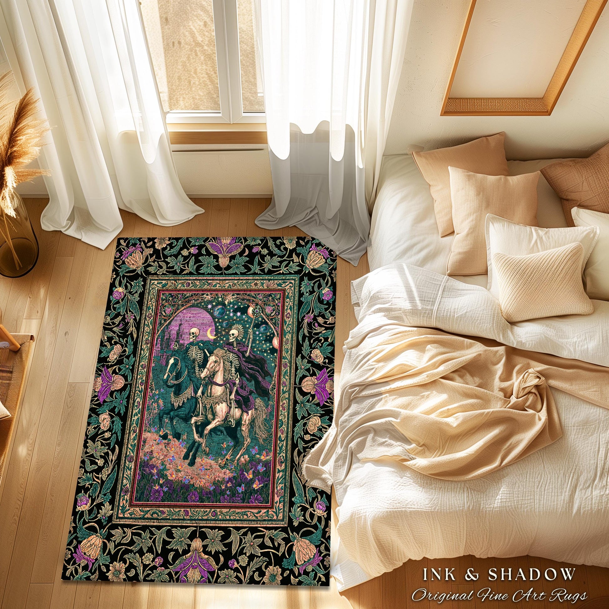 Moody Purple Moonlight Skeleton Rug | Enchanted Fairytale Scene Baroque Romance Celestial Castle Gothic Bedroom Accent Pastel Floral Decor