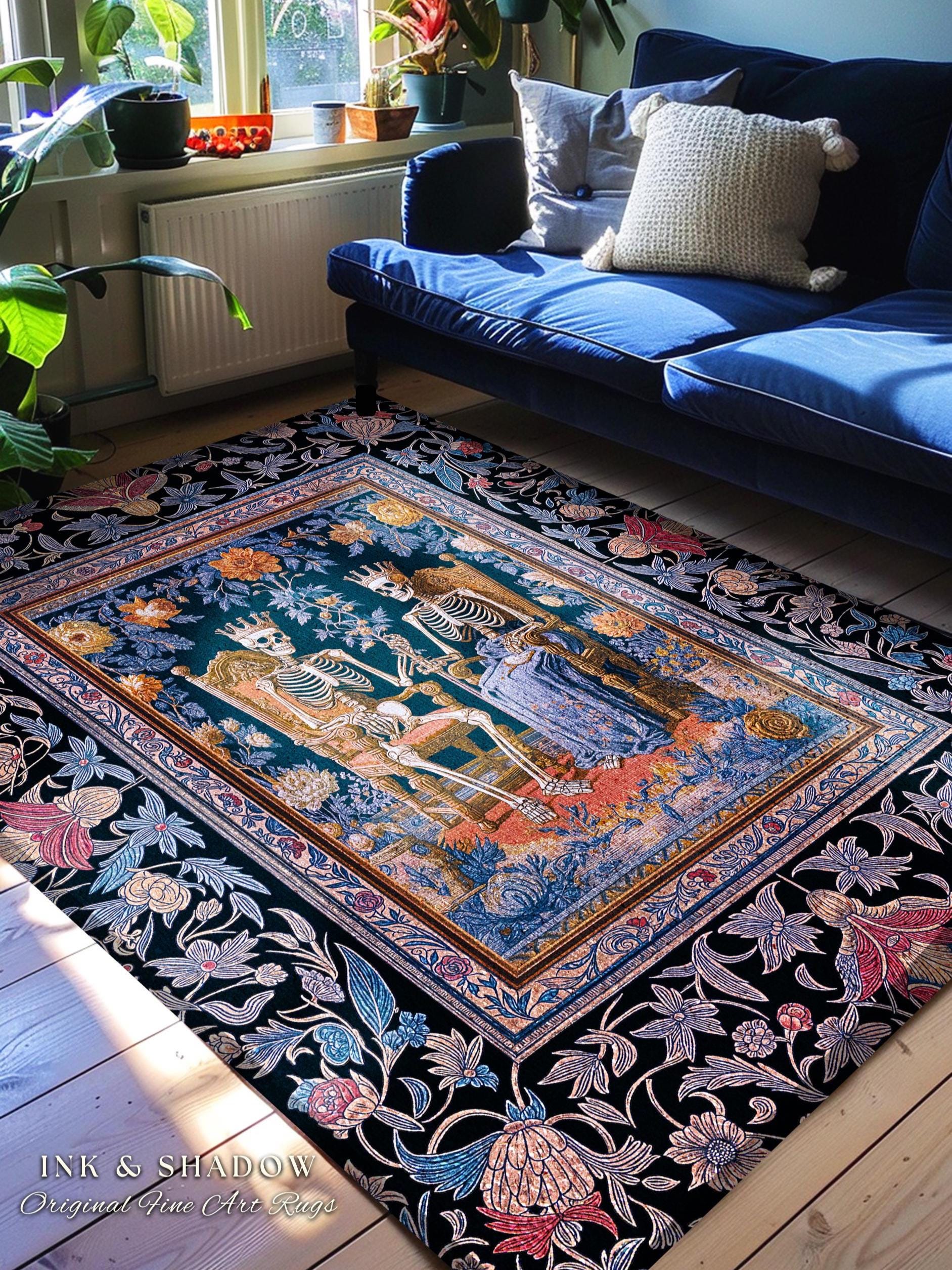 Autumnal Skeleton Lovers Mystic Rug | Baroque Gothic Bedroom Maximalist Floral Fairytale Celestial Couple Whimsical Accent Tarot Aesthetic |