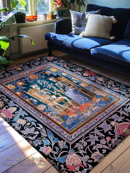 Autumnal Skeleton Lovers Mystic Rug | Baroque Gothic Bedroom Maximalist Floral Fairytale Celestial Couple Whimsical Accent Tarot Aesthetic |