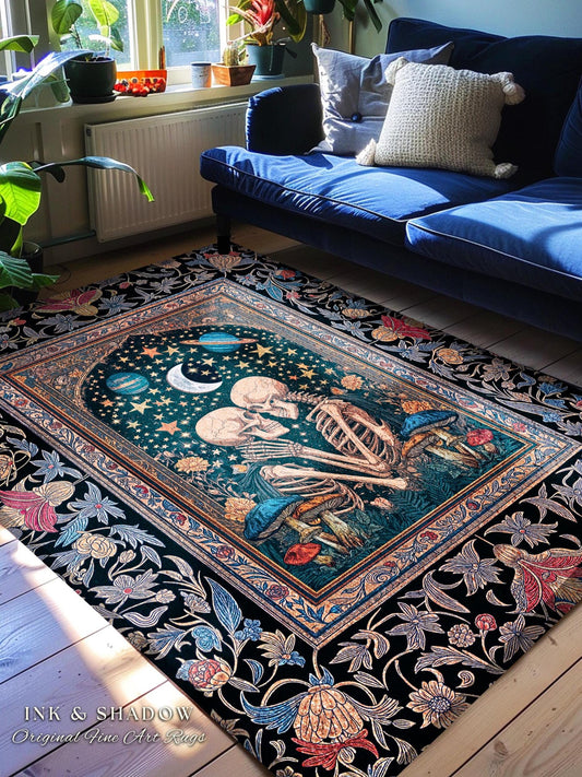 Gothic Skeleton Lovers Dreamy Rug | Celestial Moonlight Night Sky Baroque Fairytale Magic Whimsical Mystic Witch Gothic Bedroom Accent Decor