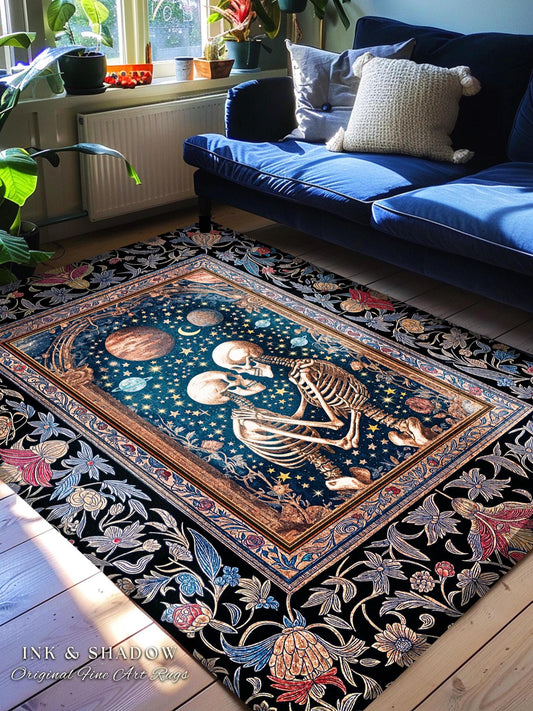 Moody Starlit Skeleton Lovers Area Rug | Starry Celestial Macabre Gothic Fantasy Romantic Sky Bedroom Accent Mystic Twilight Tarot Aesthetic