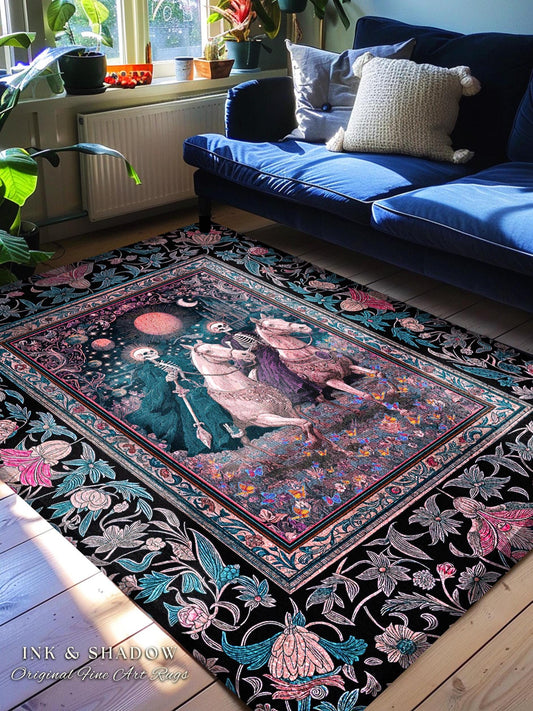Dreamy Gothic Pastel Skeleton Rug | Celestial Horseman Baroque Fairytale Fantasy Whimsical Macabre Floral Bedroom Accent Mystic Home Decor |