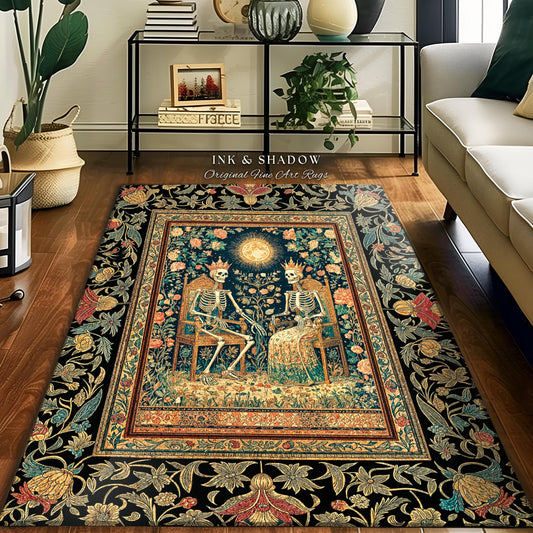 Mystic Garden Skeleton Lovers Rug | Baroque Crowned Couple Gothic Magic Celestial Aesthetic Sunlit Throne Mystical Floral Accent Rug Tarot