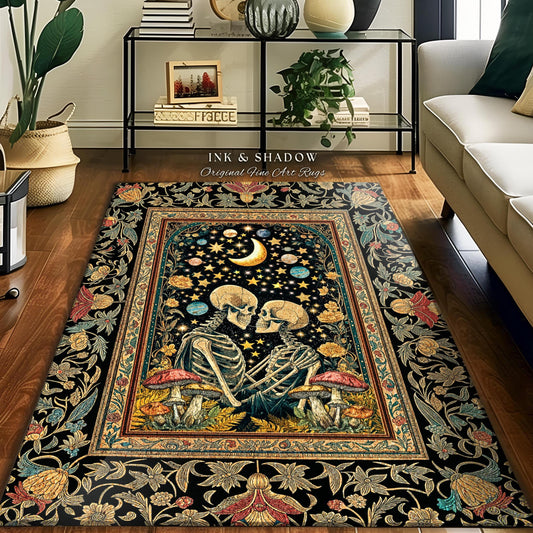 Astral Lovers Gothic Area Rug | Skeleton Lovers 'Til Death Do Us Part Couple Baroque Floral Mystic Accent Cozy Witchy Maximalist Decor |