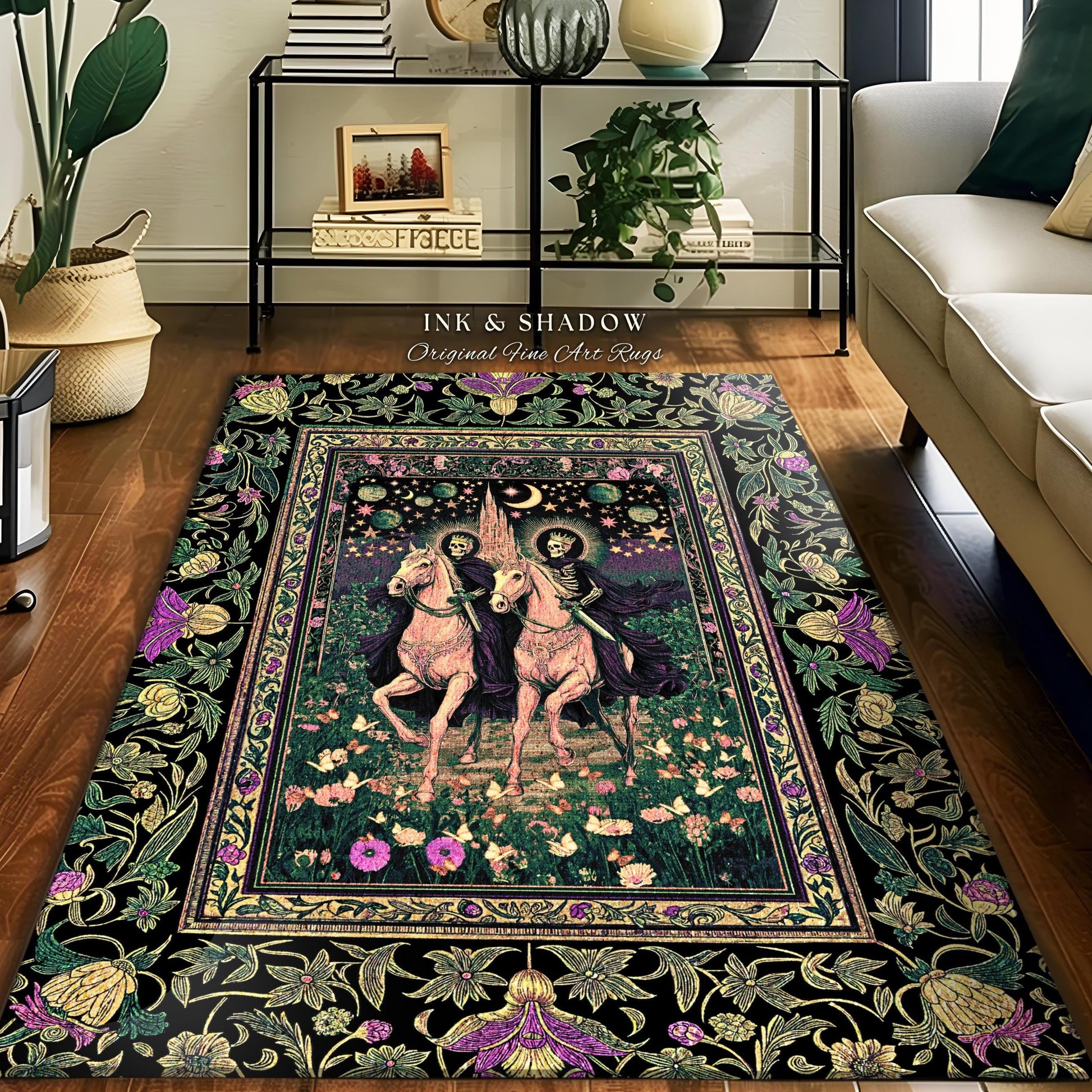 Floral Haunted Garden Skeleton Area Rug | Macabre Baroque Fantasy Aesthetic Gothic Horsemen Celestial Lovers Dark Fairytale Bedroom Accent |