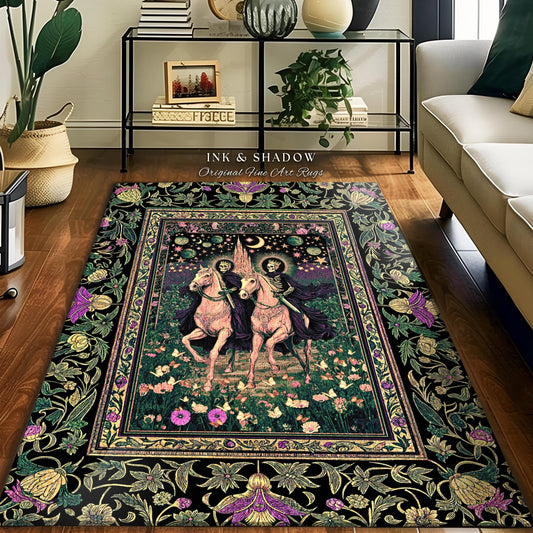 Floral Haunted Garden Skeleton Area Rug | Macabre Baroque Fantasy Aesthetic Gothic Horsemen Celestial Lovers Dark Fairytale Bedroom Accent |