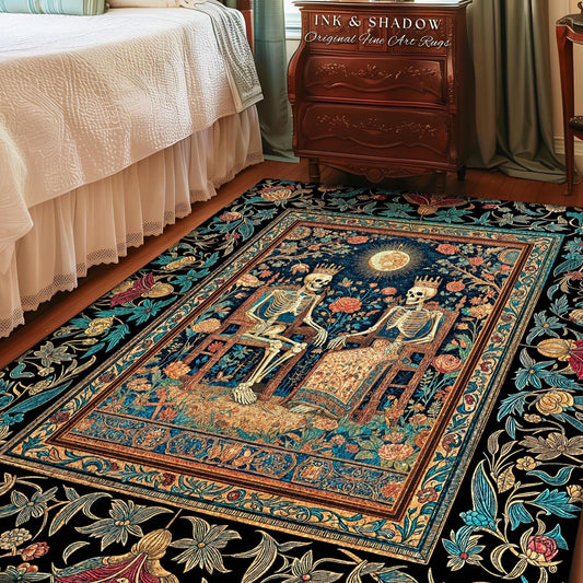 Macabre Skeleton Couple Witchy Area Rug | Golden Garden Sunlit Throne Accent Rug Gothic Celestial Fairytale Baroque Floral Fantasy Decor |