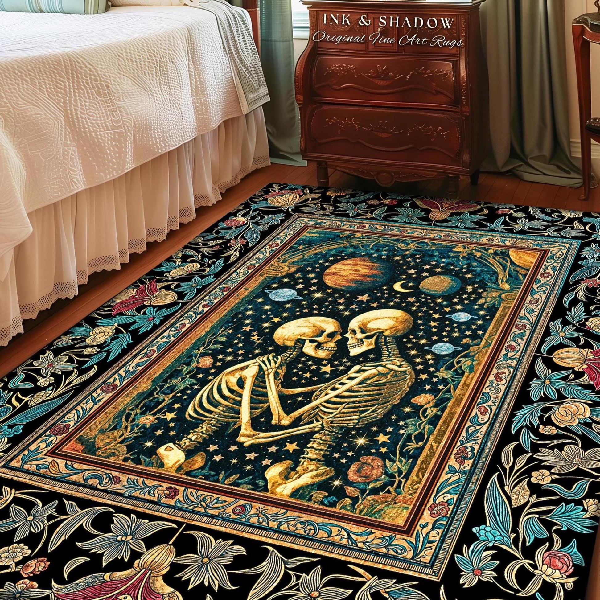 Enchanted Moonlit Skeleton Area Rug | Whimsical Baroque Macabre Couple Accent Rug Celestial Gothic Romance Whimsical Bedroom Enchantment |