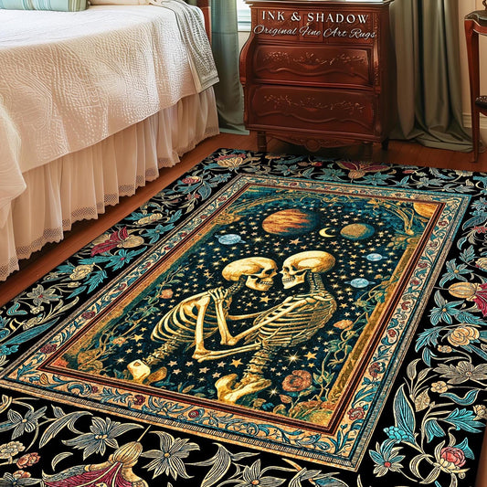 Enchanted Moonlit Skeleton Area Rug | Whimsical Baroque Macabre Couple Accent Rug Celestial Gothic Romance Whimsical Bedroom Enchantment |