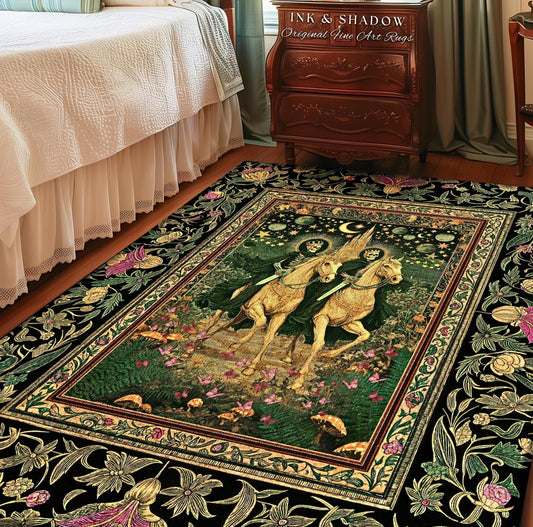 Royal Skeleton Riders Area Rug | Gothic Horsemen Crowned Skeleton Couple Baroque Fantasy Floral Greenery Celestial Whimsical Bedroom Accent