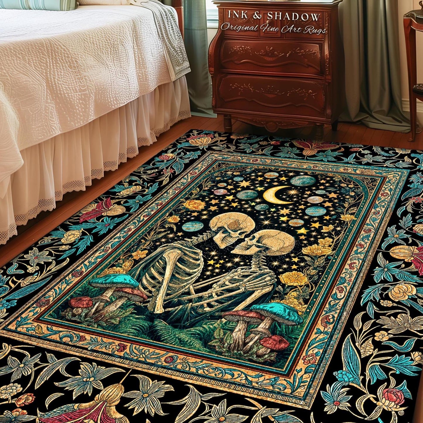 Cosmic Skeleton Lovers Area Rug | Gothic Elegance Celestial Bedroom Baroque Romance Dark Academia Celestial Fantasy Dark Dorm Decor Accent |
