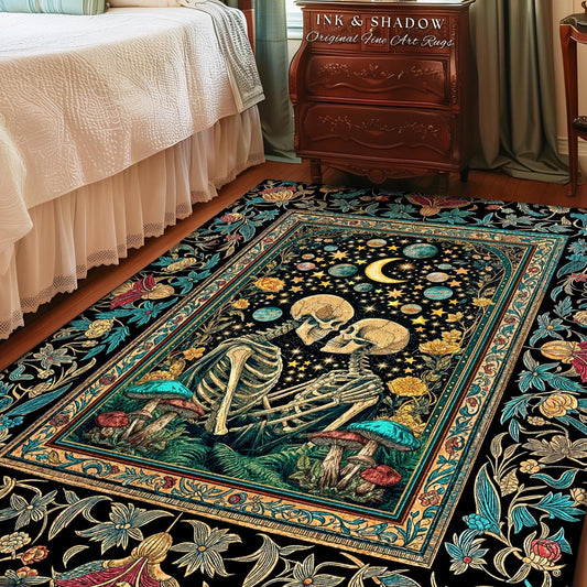 Cosmic Skeleton Lovers Area Rug | Gothic Elegance Celestial Bedroom Baroque Romance Dark Academia Celestial Fantasy Dark Dorm Decor Accent |