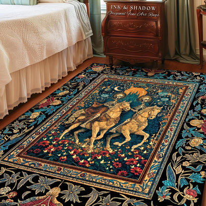 Golden Starlight Skeleton Accent Rug | Baroque Gothic Garden Castle Scene Celestial Horsemen Dreamy Floral Fantasy Macabre Couple Home Decor